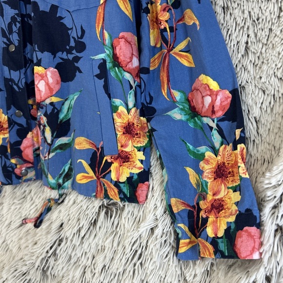 Chico's Women Sz 3 US XL Linen Blend Blue Pink Floral Light Jacket Resort Snap - Picture 5 of 9